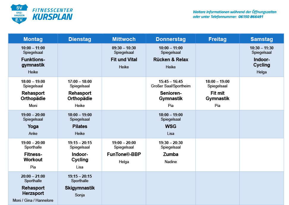 Kursplan des Fitnesscenter der SV Erzhausen